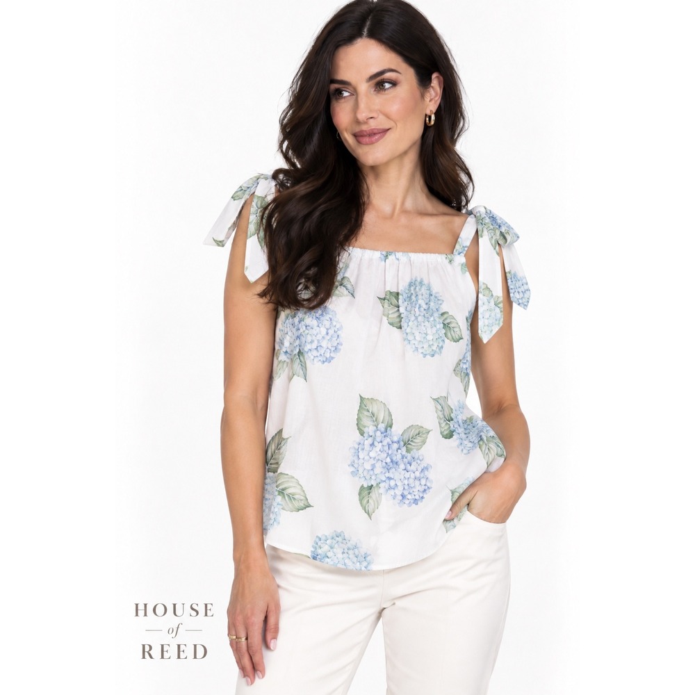 Seline Lounge Blue Hydrangea Floral Tie Shoulder Cami Top Small